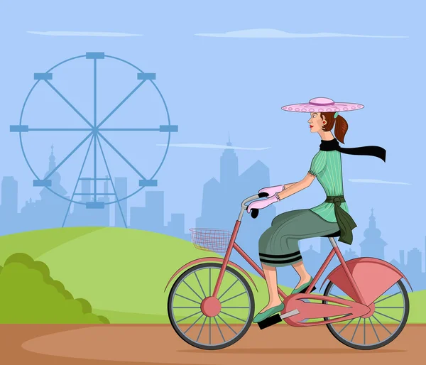 Retro senhora andar de bicicleta —  Vetores de Stock