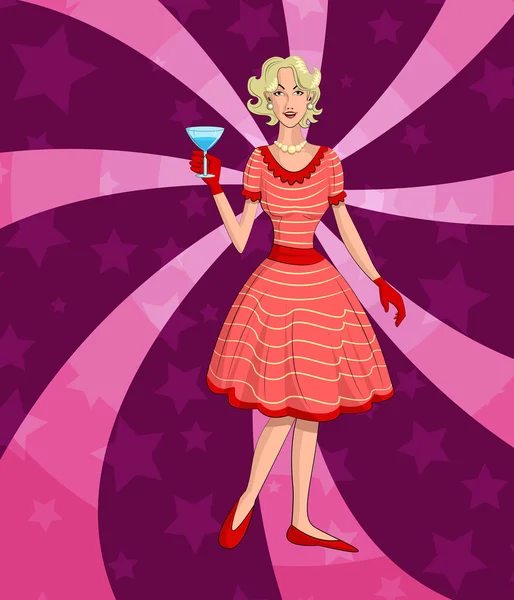 Retro lady with wine glass — Stock Vector