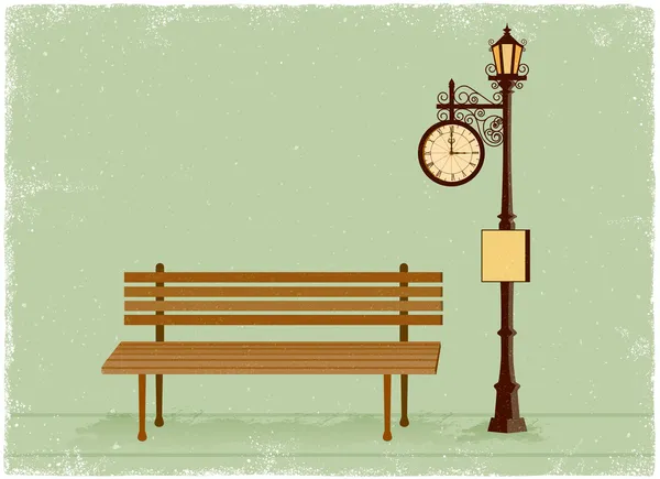 Street clock and lamp post with park bench — Stock Vector