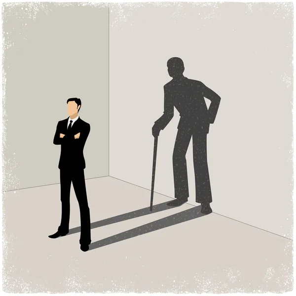 Hombre joven proyectando sombra de hombre viejo — Vector de stock