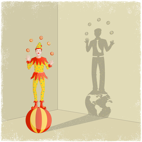 Juggling clown casting shadow of businessman