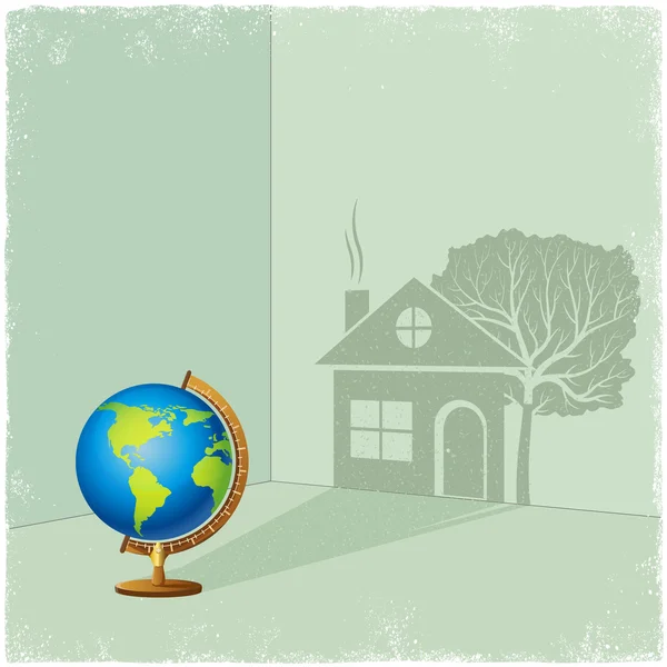 Globe cast shadow of house and tree — стоковый вектор