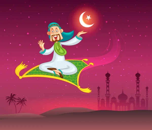Muslim man flying on magic carpet wishing Eid mubarak — Stock Vector