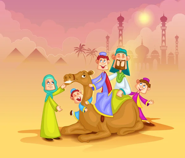 Familia musulmana en paseo en camello celebrando el Eid — Vector de stock