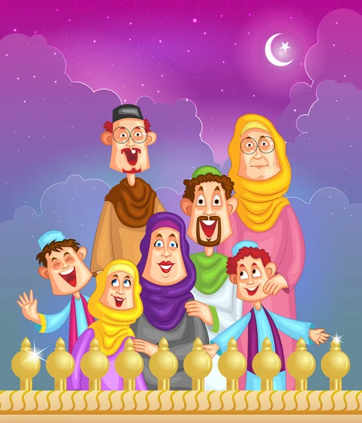 Familia musulmana feliz deseando Eid mubara — Archivo Imágenes Vectoriales