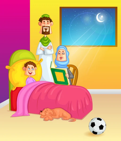 穆斯林家庭在开斋节前夕阅读古兰经 》 — 图库矢量图片