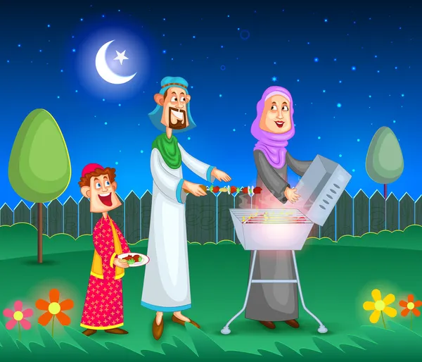 Familia musulmana haciendo barbacoa — Vector de stock