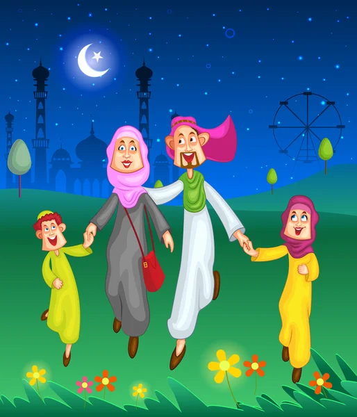 Felice famiglia musulmana che celebra Eid — Vettoriale Stock