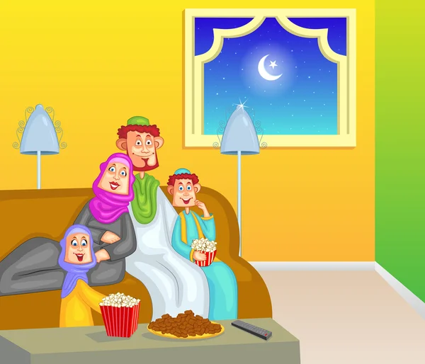 Feliz familia musulmana disfrutando de iftar para la celebración del Eid — Vector de stock