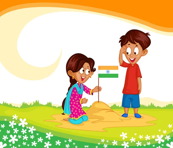 印度的哥哥和姐姐与印度国旗 — 图库矢量图片