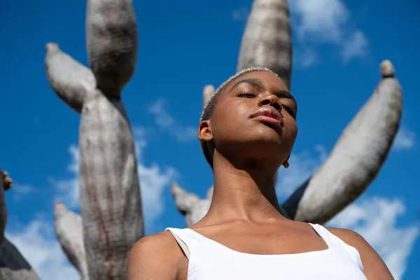 Baixo Ângulo Relaxamento Feminino Afro Americano Com Olhos Fechados Contra — Fotografia de Stock