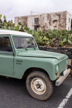 Kaktüs dolu bir evin önünde eski bir off-road arabası.