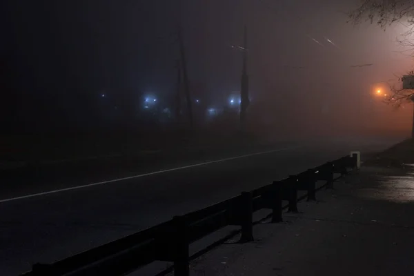 Пейзажна Туманна Нічна Безлюдна Дорога Ліхтарями — стокове фото