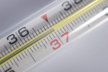 temperature 37 on a thermometer on a white background, fever.