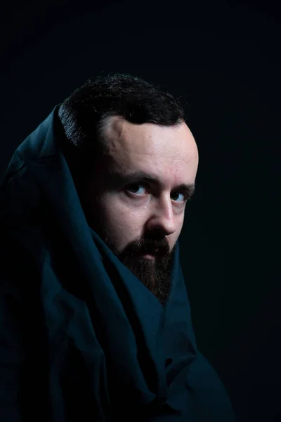 Dramatic Religious Portrait Bearded Guy Black Cape Dark Background — Stockfoto