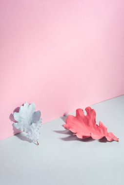 blue pink autumn leaves painted minimalistic composition.