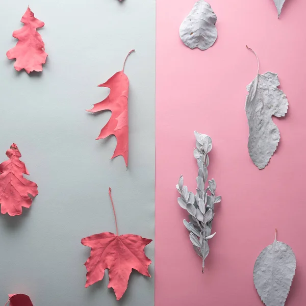 Autumn Leaves Blue Pink Creative Pattern Paint — Stok fotoğraf