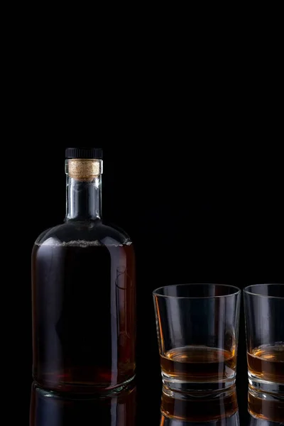 Bottle Strong Alcohol Brandy Glasses Black Background — Stock Photo, Image