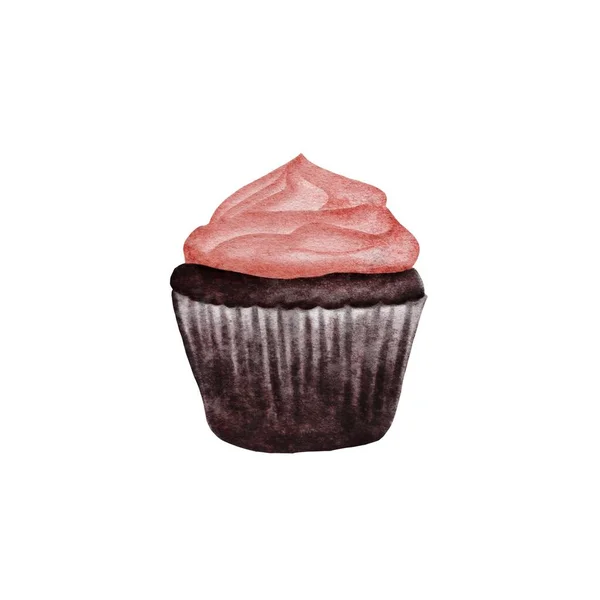 Pastel Chocolate Apetitoso Con Crema Rosa Ilustración Acuarela Cupcake Sobre — Foto de Stock