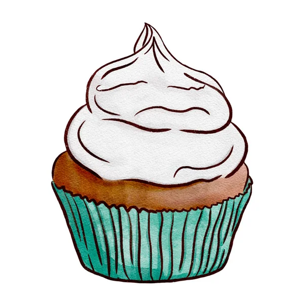 Watercolor Illustration Cupcake Cream Decoration Hand Drawn Muffin Illustration Print — Stock Photo, Image