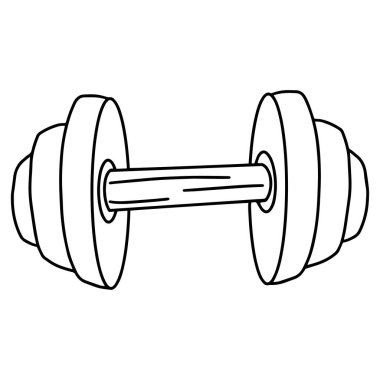 Black and white outline illustration of a dumbbell on a white background. Vector illustration of a sports equipment.
