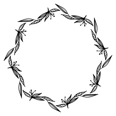 Beautiful black and white wreath frame made of abstract flowers with place for text. Vector illustration of wreath for your design.