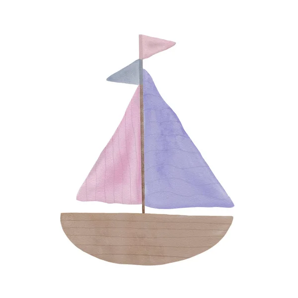 Watercolor Illustration Boat Two Sails Pink Lilac White Background Isolated — 스톡 사진