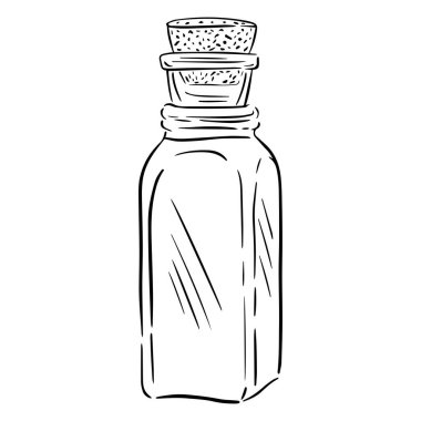 Vector black and white illustration of a glass vintage bottle with a cork cap. Isolated object for your design.