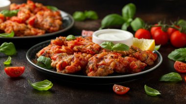 Yunan domatesli börek, domatesli yoğurt tabağında servis edilir..