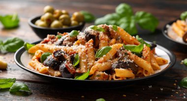 Patlıcan, patlıcan, domates, parmesan ve fesleğenli makarna. Sağlıklı yemek.