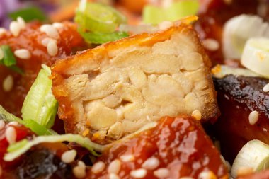 Pirinç ve sebzeli vejetaryen kızarmış tempeh. Asya sağlıklı yiyecekleri