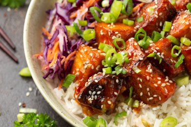 Pirinç ve sebzeli vejetaryen kızarmış tempeh. Asya sağlıklı yiyecekleri