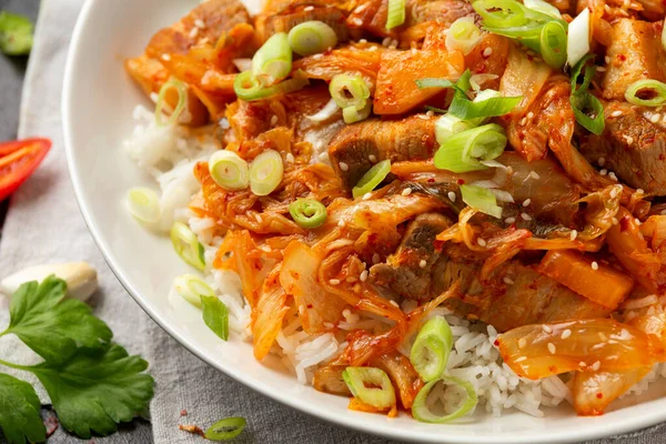 Корейский Stir Жареная свинина кимчи живот с рисом и весенний лук. Азиатская кухня — стоковое фото
