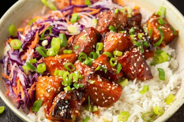 Pirinç ve sebzeli vejetaryen kızarmış tempeh. Asya sağlıklı yiyecekleri