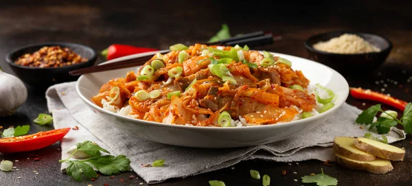 Korean Rühren Gebratener Schweinebauch Kimchi mit Reis und Frühlingszwiebeln. Asiatische Küche — Stockfoto