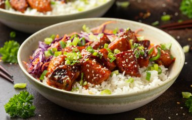 Pirinç ve sebzeli vejetaryen kızarmış tempeh. Asya sağlıklı yiyecekleri