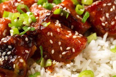 Pirinç ve sebzeli vejetaryen kızarmış tempeh. Asya sağlıklı yiyecekleri