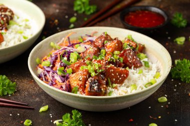 Pirinç ve sebzeli vejetaryen kızarmış tempeh. Asya sağlıklı yiyecekleri