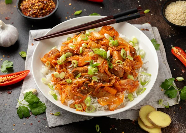 Корейский Stir Жареная свинина кимчи живот с рисом и весенний лук. Азиатская кухня — стоковое фото