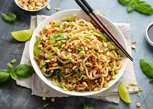 Cerdo, fideos udon de maní con pak choi, mangetout y chile rojo. Comida asiática — Foto de Stock