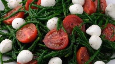 Çeri domatesli taze Samphire salatası ve mozzarella. Sağlıklı yiyecekler. Döndürme videosu