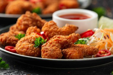 Ekmek kırıntıları içinde gevrek karidesler. Lahana, havuç salatası, soya ve acı biber sosuyla servis edilir.