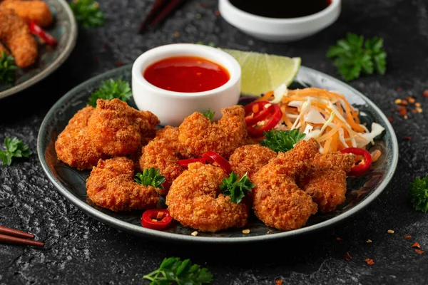 Crispy Prawns Breadcrumbs Served Cabbage Carrot Salad Soy Sweet Chilli — Stock Photo, Image