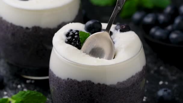 Healthy Vanilla Blueberry Chia Pudding Glass Fresh Berries — ストック動画