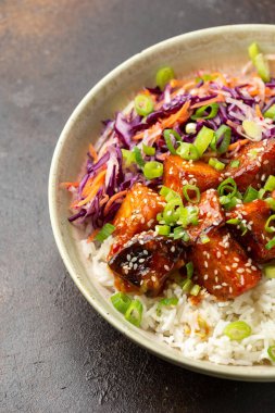 Pirinç ve sebzeli vejetaryen kızarmış tempeh. Asya sağlıklı yiyecekleri.