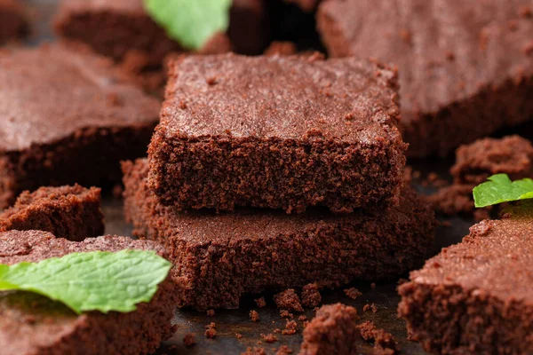 Chocolate Brownies Garnished Mint Sweet Food — Stock Photo, Image