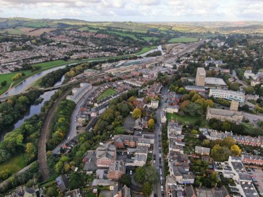 an aerial view of the centre of Exeter City showing Saint Davids railway station