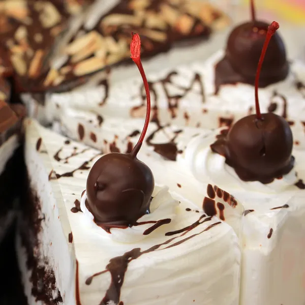 Bolo com chocolate e cereja em cima — Fotografia de Stock