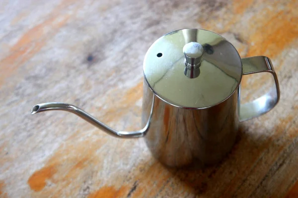 Stainless Steel Coffee Drip Kettle Jug Wooden Table — Stock Photo, Image