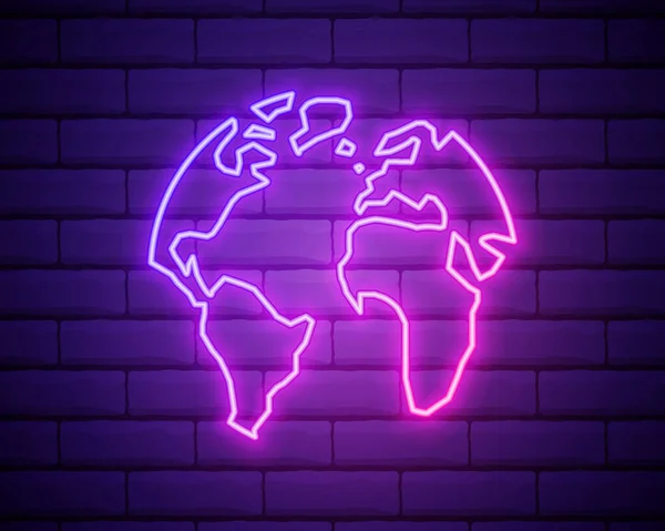 Zářící Neonová Čára Ikona Zeměkoule Izolovaná Pozadí Cihlové Zdi Světová — Stockový vektor